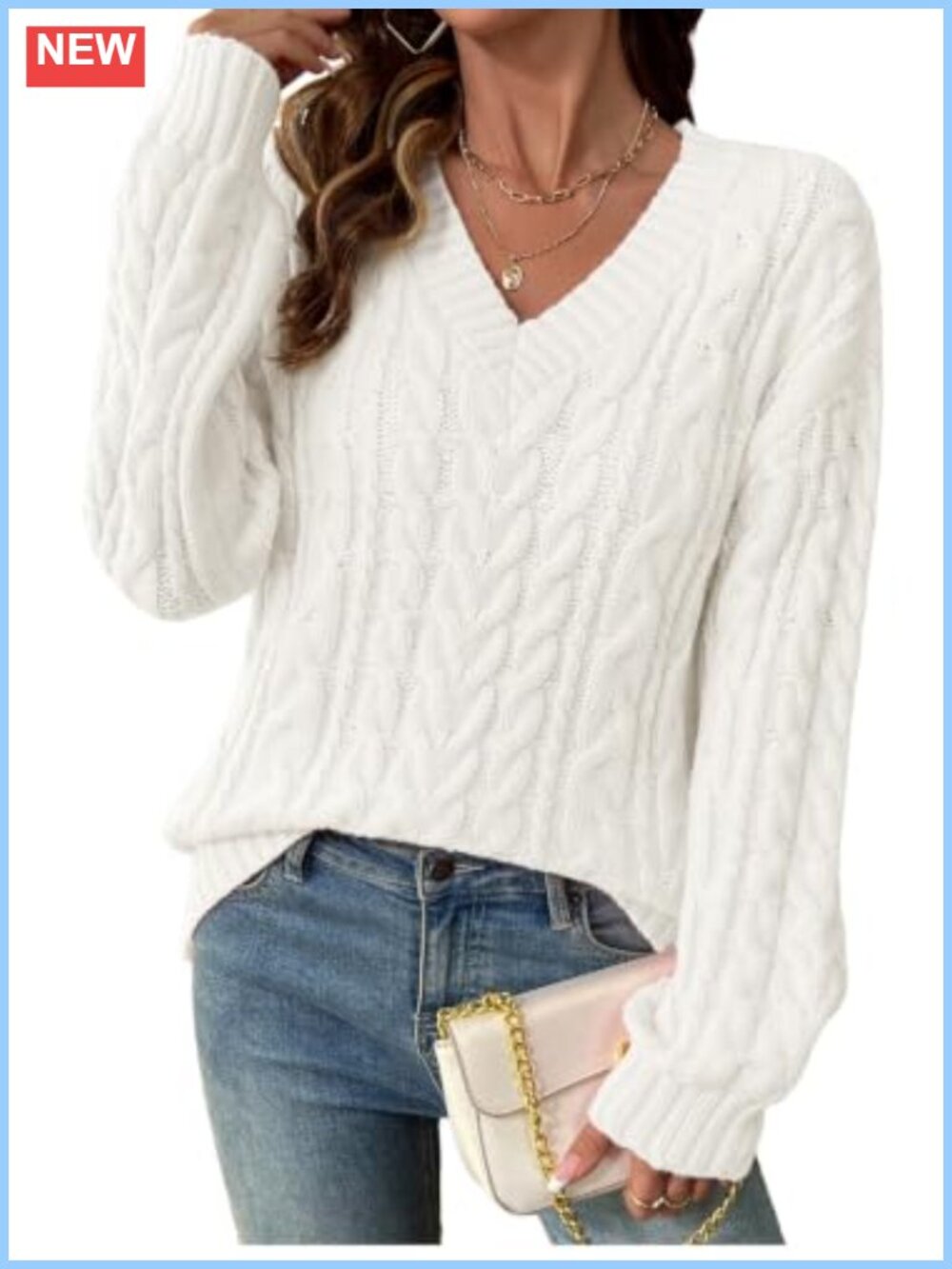 Cable Knit V-Neck Oversized Sweater Convertible Off Shoulder Pullover